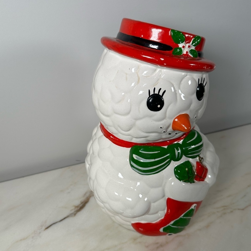 Vintage Snow Lady Bow & Hat Cookie Jar White, Red, Green Carrot Nose Mistletoe - Picture 3 of 11